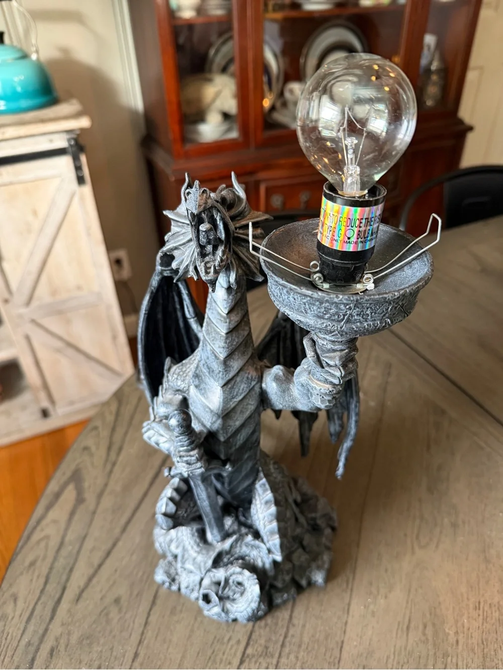 Gothic Dragon Table Lamp in Gray with Warm Globe. From early 2000's.